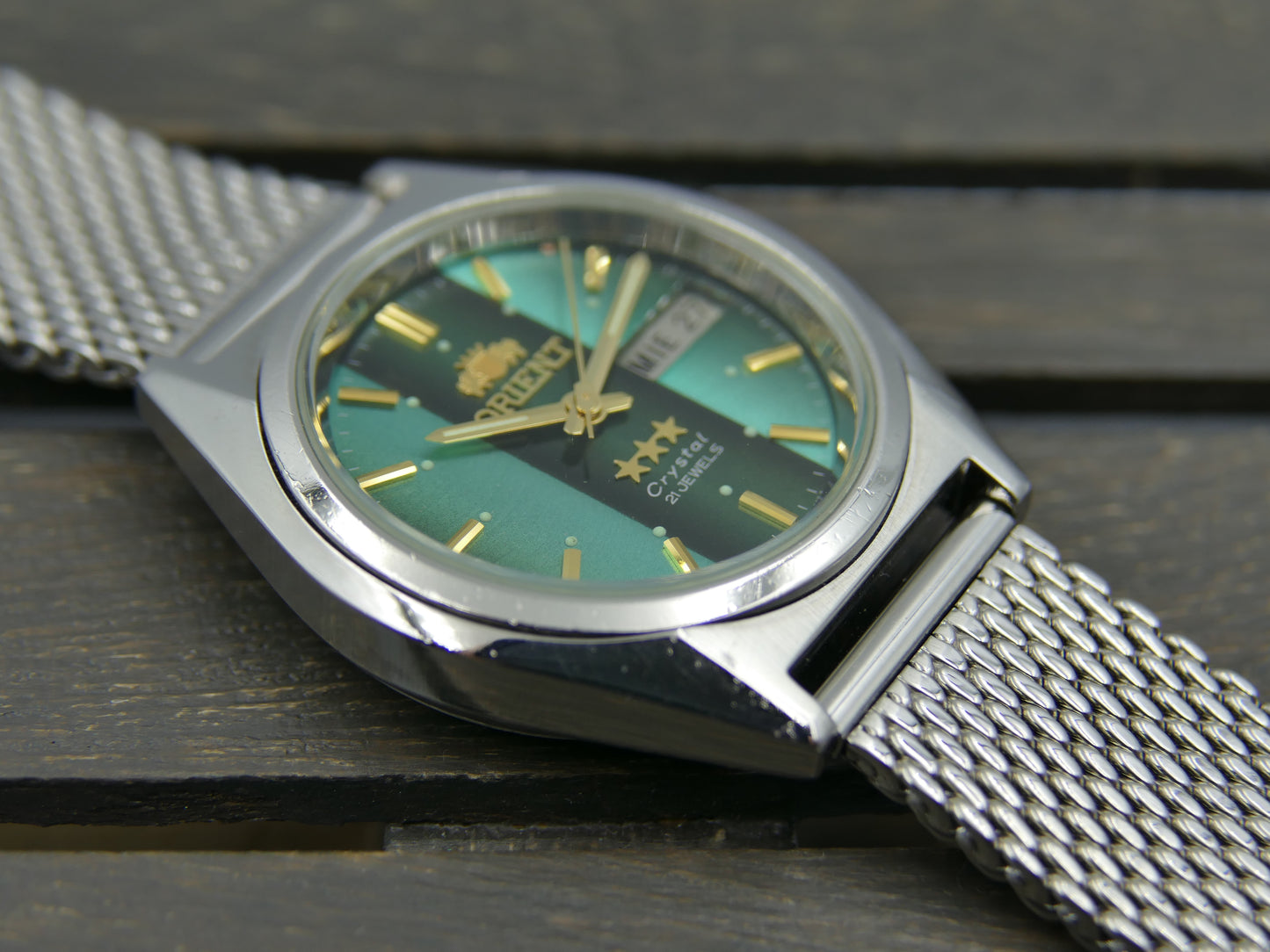 vintage watch mens Orient 3 star 469WA7-61 CA automatic green dial serviced steel 38mm