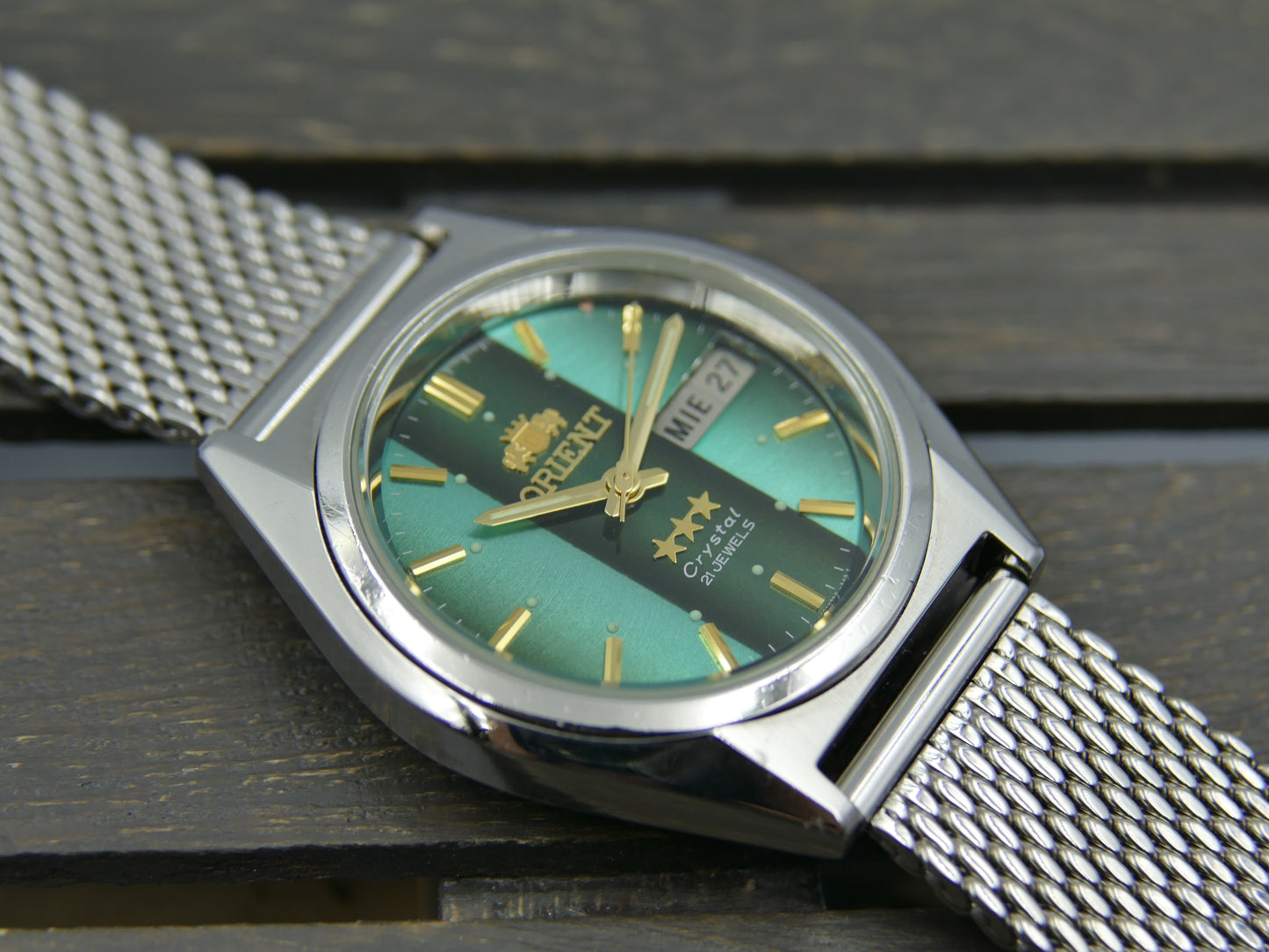vintage watch mens Orient 3 star 469WA7-61 CA automatic green dial serviced steel 38mm