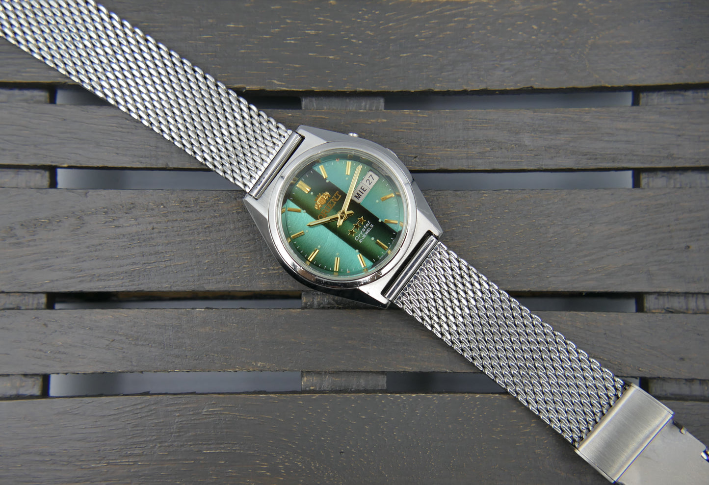 vintage watch mens Orient 3 star 469WA7-61 CA automatic green dial serviced steel 38mm