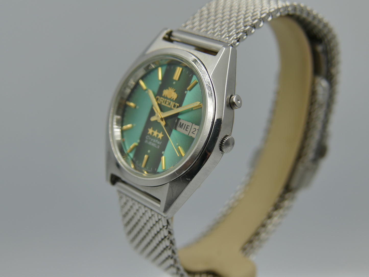 vintage watch mens Orient 3 star 469WA7-61 CA automatic green dial serviced steel 38mm