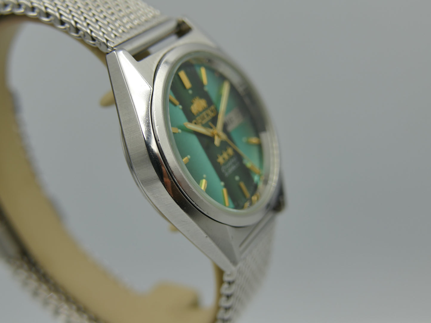 vintage watch mens Orient 3 star 469WA7-61 CA automatic green dial serviced steel 38mm