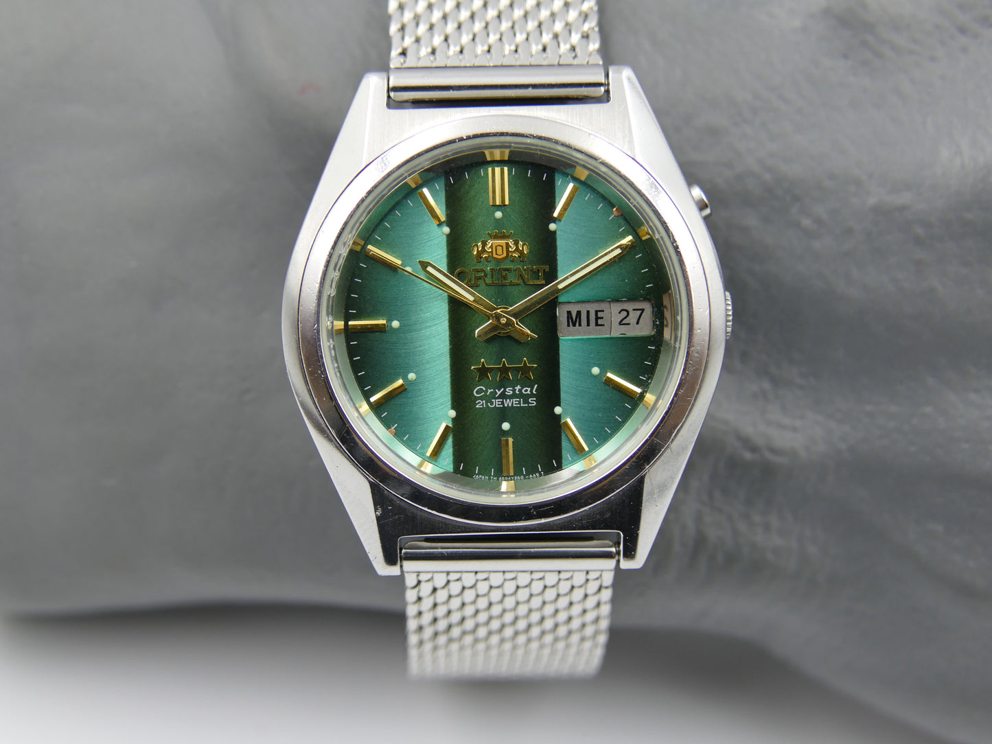 vintage watch mens Orient 3 star 469WA7-61 CA automatic green dial serviced steel 38mm