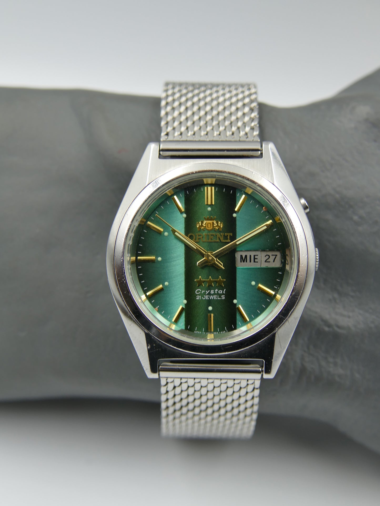 vintage watch mens Orient 3 star 469WA7-61 CA automatic green dial serviced steel 38mm