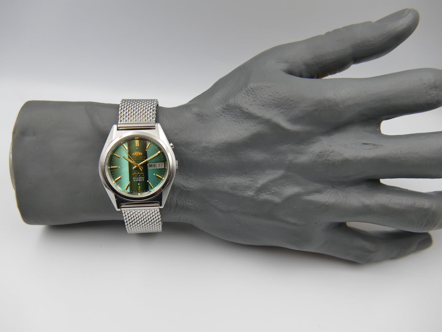 vintage watch mens Orient 3 star 469WA7-61 CA automatic green dial serviced steel 38mm