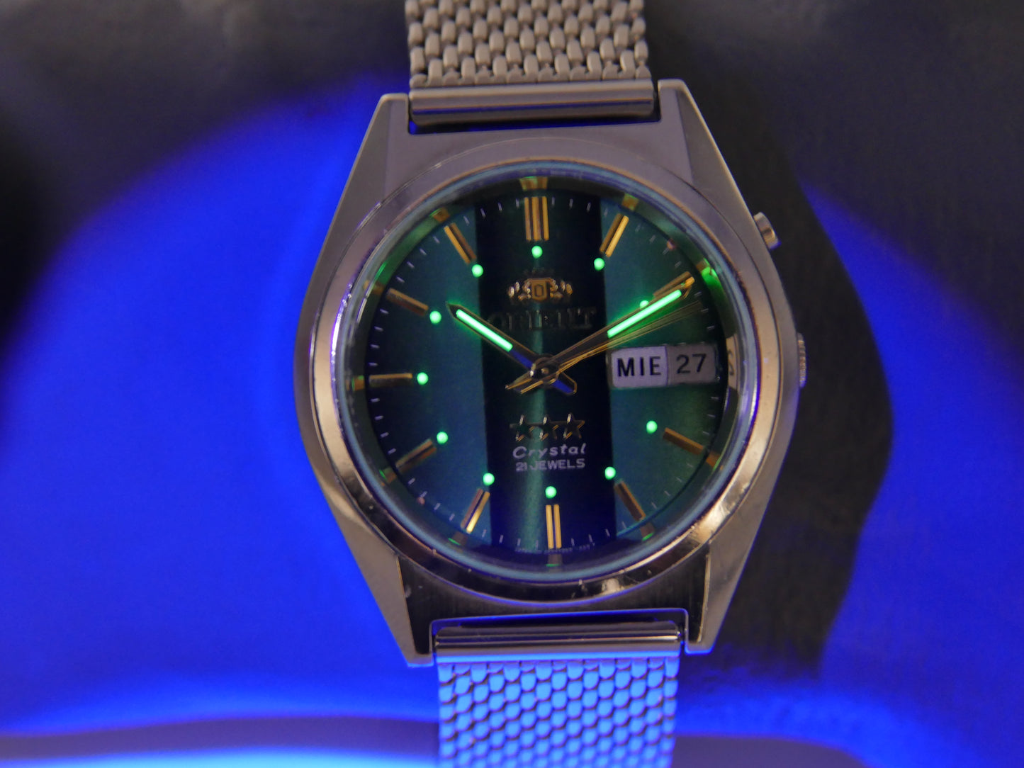 vintage watch mens Orient 3 star 469WA7-61 CA automatic green dial serviced steel 38mm
