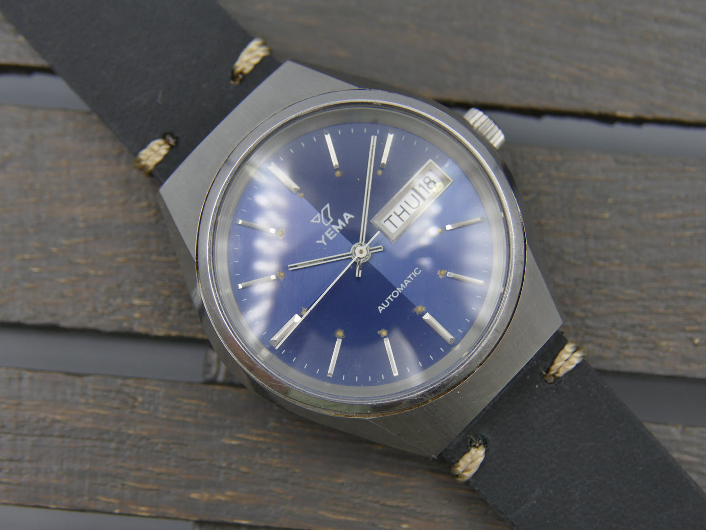 70s vintage watch mens Yema 71116 blue dial automatic FE 4612 Steel MINT
