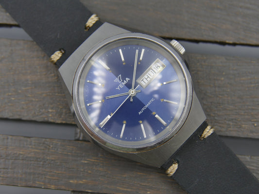 70s vintage watch mens Yema 71116 blue dial automatic FE 4612 Steel MINT