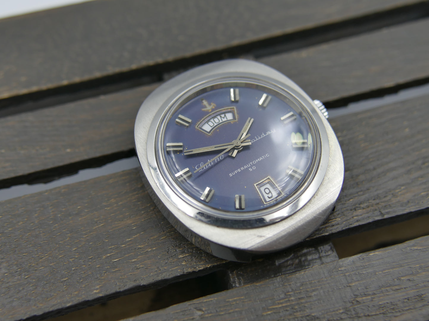 70s vintage watch mens Latino Holiday superautomatic AS1876 steel blue dial