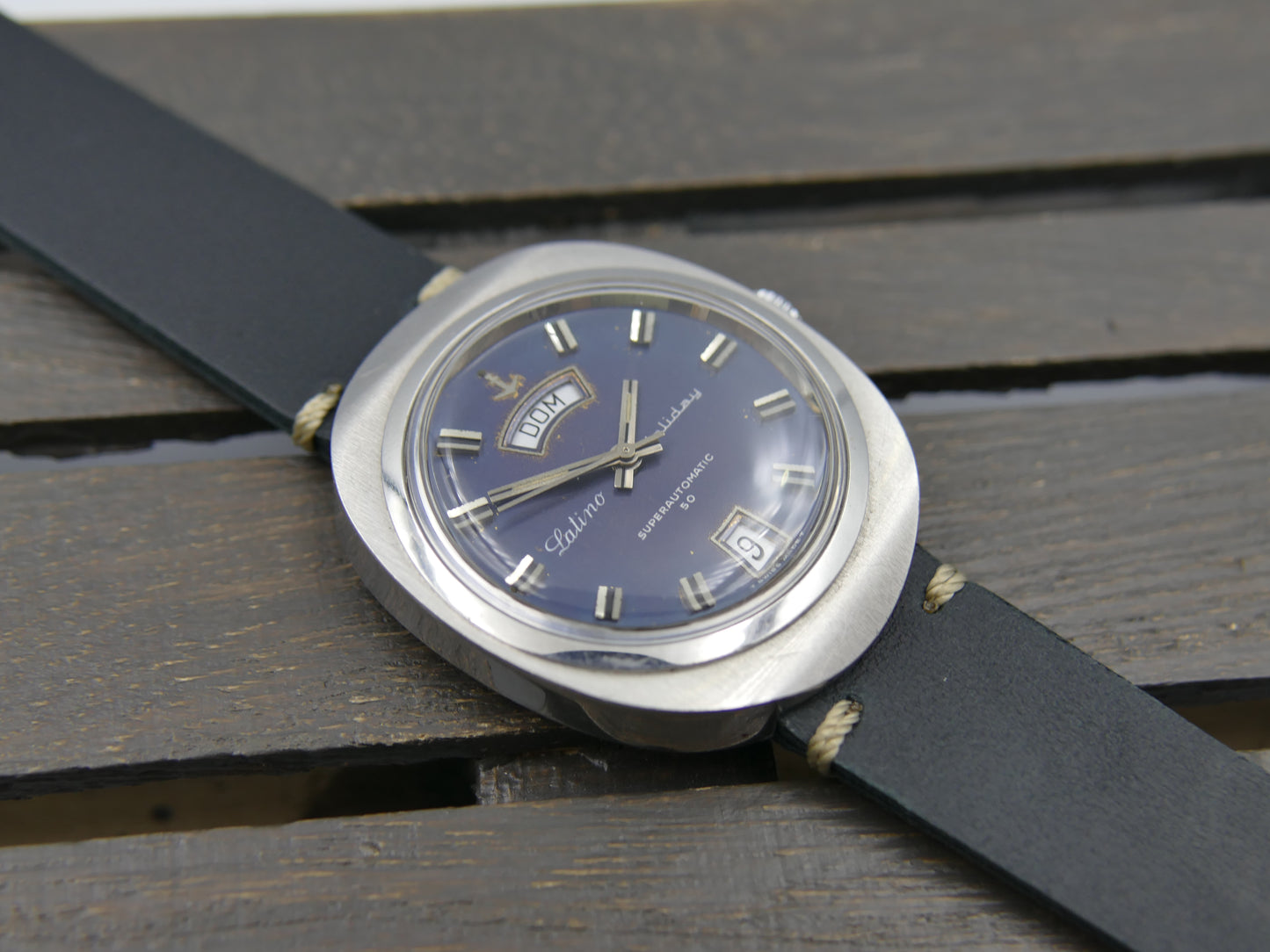 70s vintage watch mens Latino Holiday superautomatic AS1876 steel blue dial