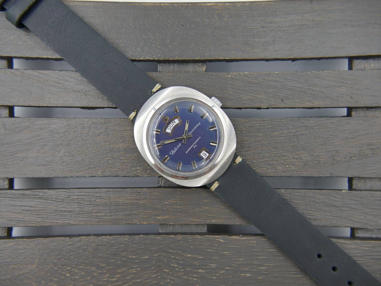 70s vintage watch mens Latino Holiday superautomatic AS1876 steel blue dial