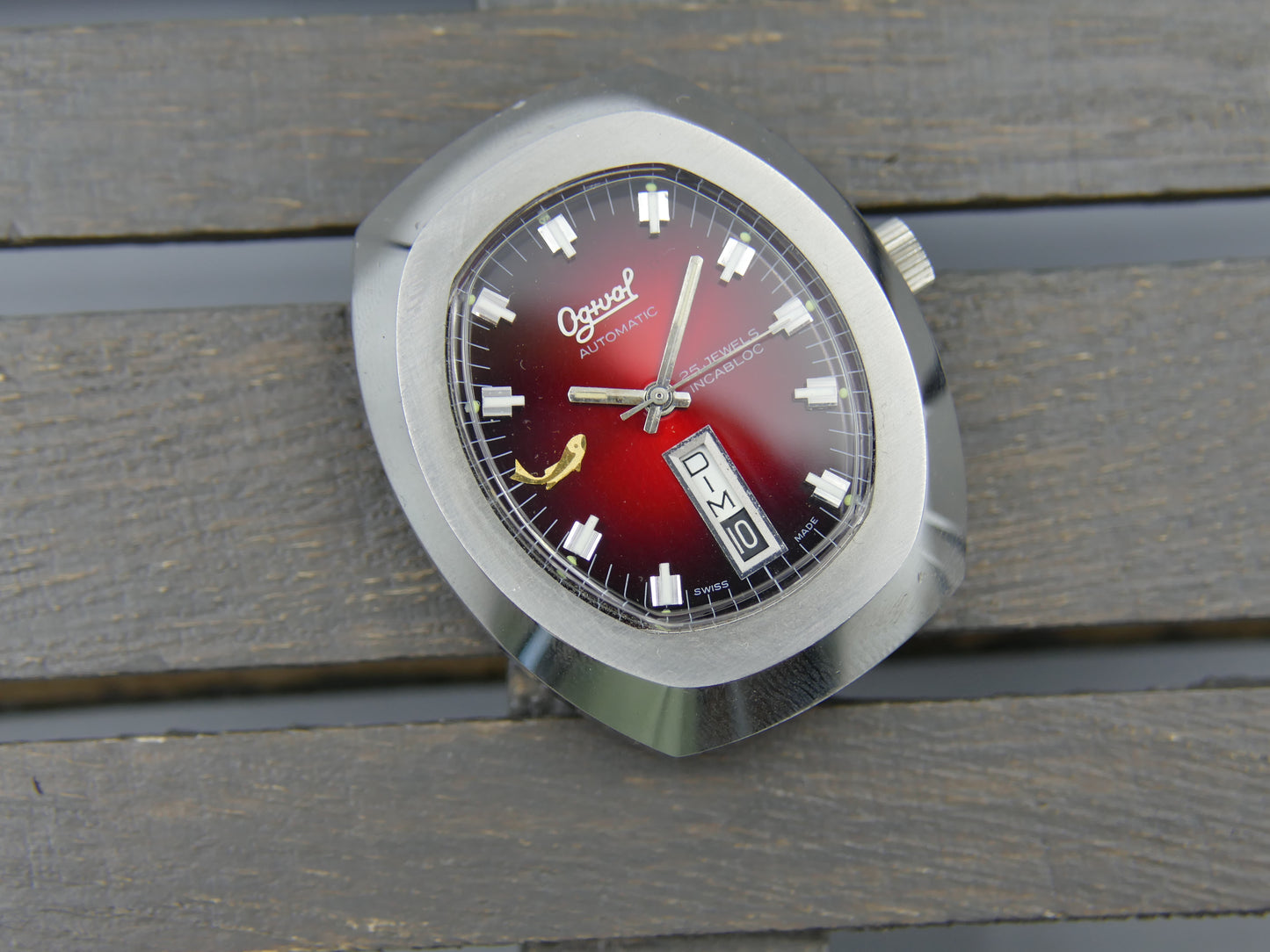 70s vintage watch mens Ogival a2614 burgundy automatic AS 2066 NOS