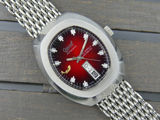 70s vintage watch mens Ogival a2614 burgundy automatic AS 2066 NOS