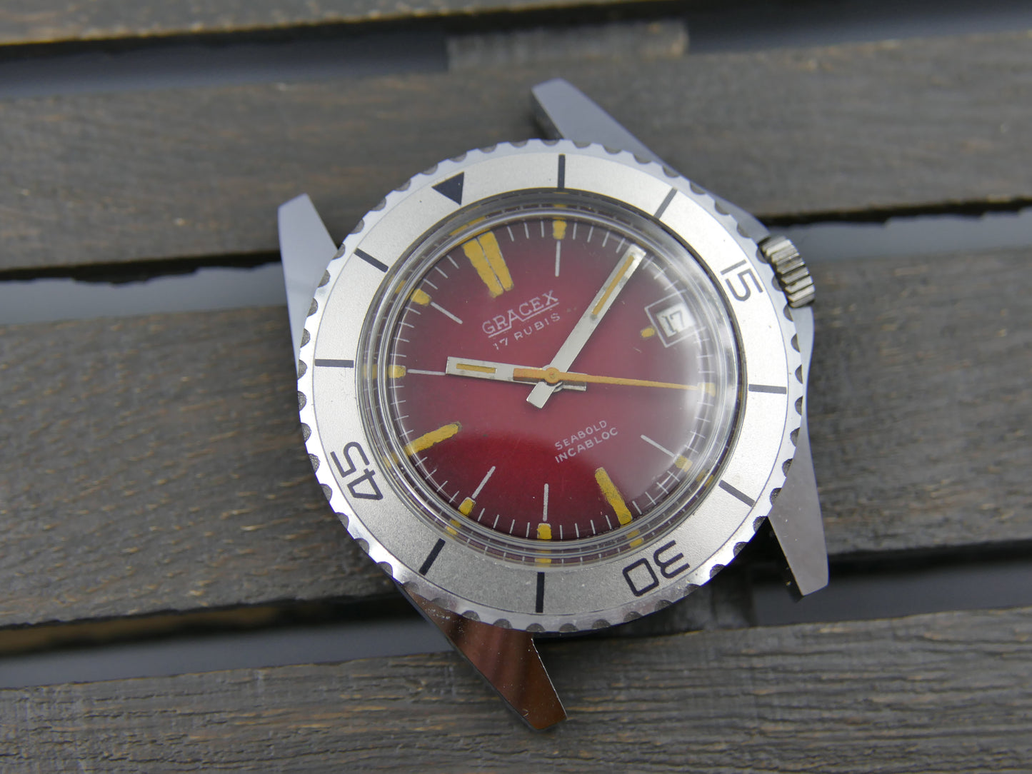70s vintage watch mens plongee skin diver Gracex seabold burgundy mint