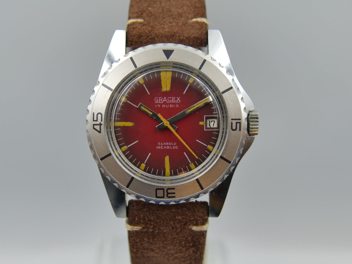 70s vintage watch mens plongee skin diver Gracex seabold burgundy mint