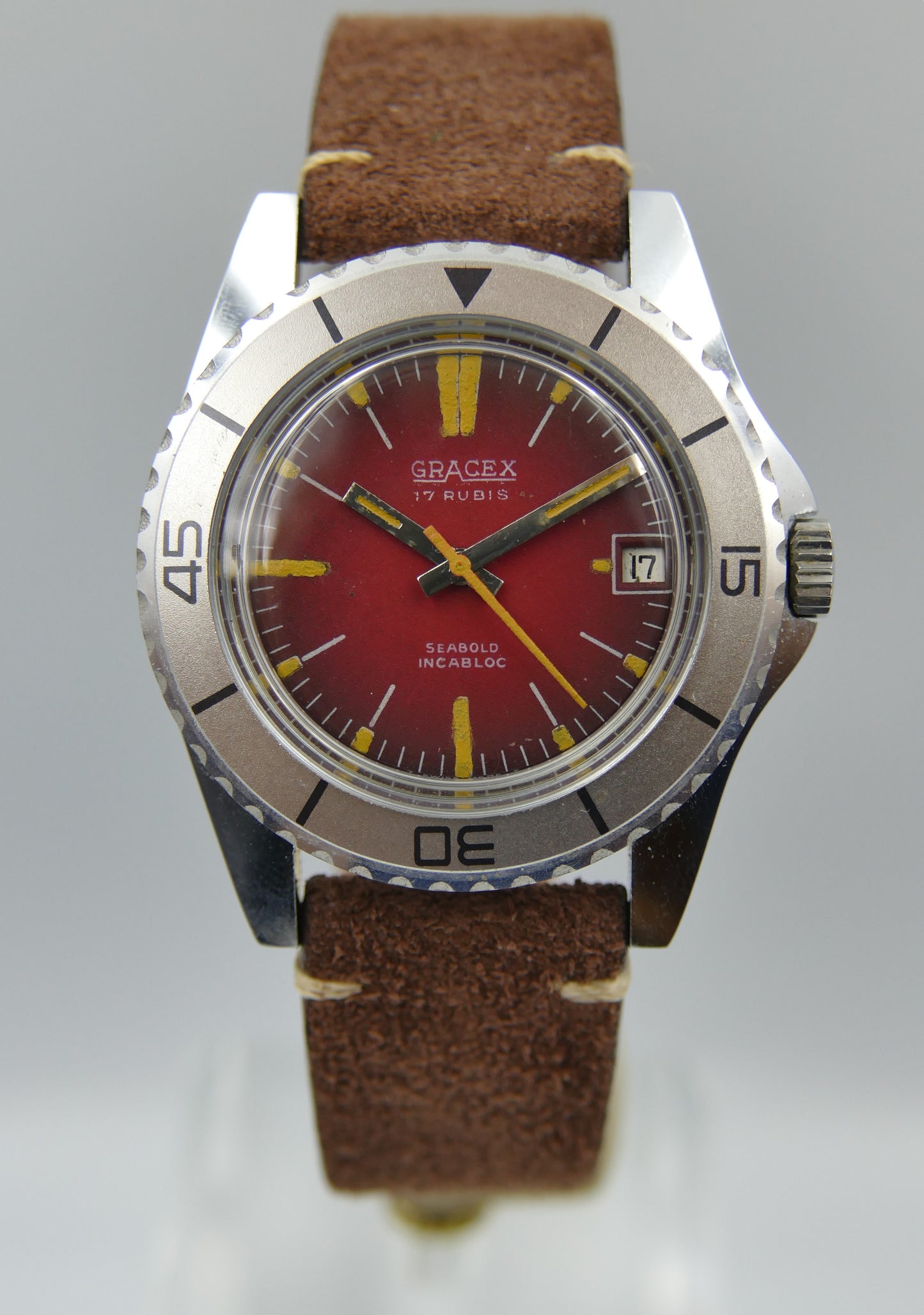 70s vintage watch mens plongee skin diver Gracex seabold burgundy mint