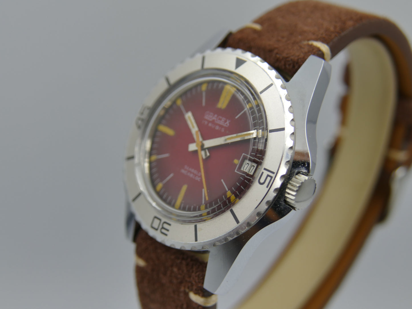 70s vintage watch mens plongee skin diver Gracex seabold burgundy mint