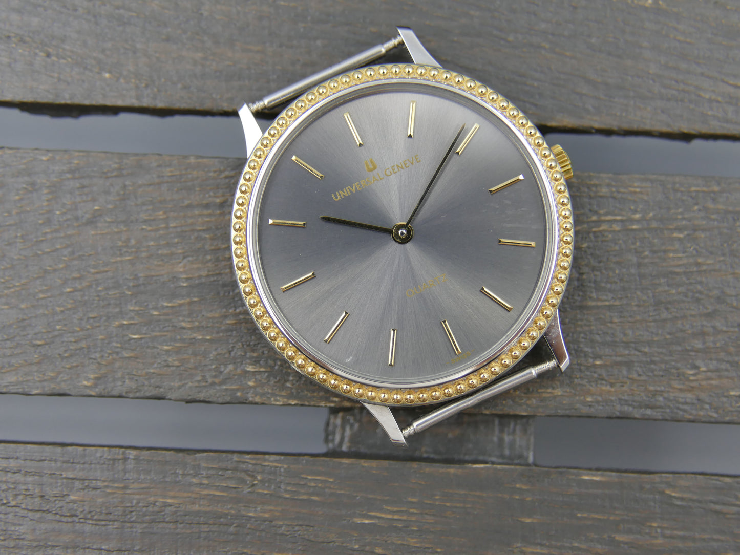 80s vintage watch mens Universal Geneve “Beaded Bezel” Anthracite Dial Ref. 6-566 NOS