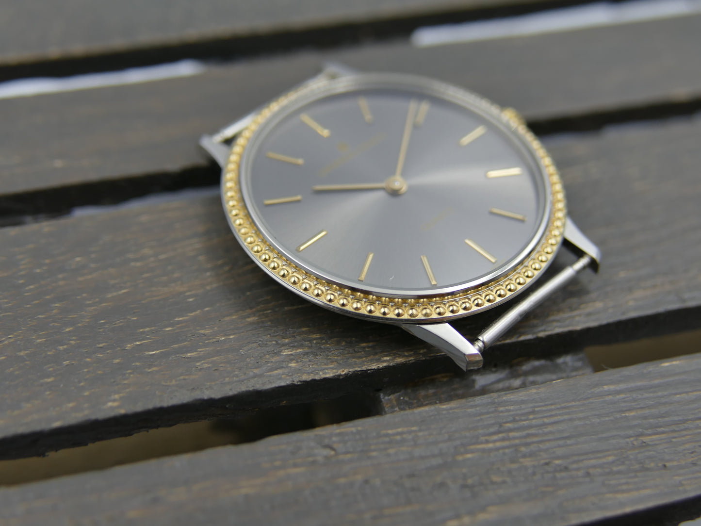 80s vintage watch mens Universal Geneve “Beaded Bezel” Anthracite Dial Ref. 6-566 NOS