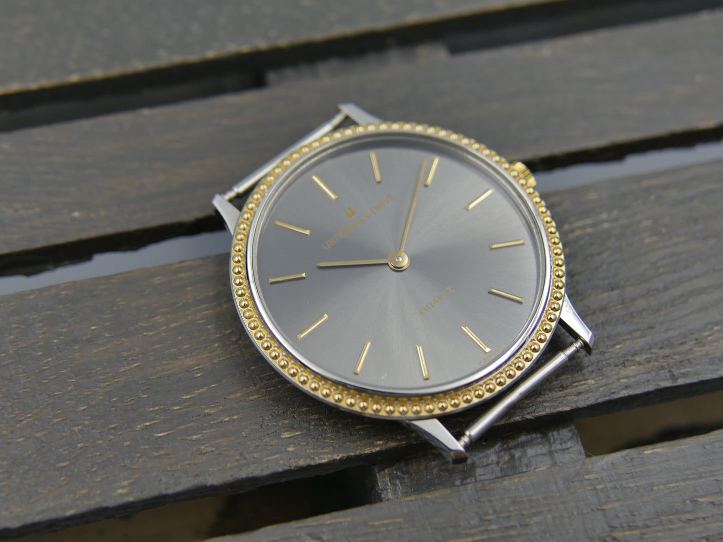 80s vintage watch mens Universal Geneve “Beaded Bezel” Anthracite Dial Ref. 6-566 NOS