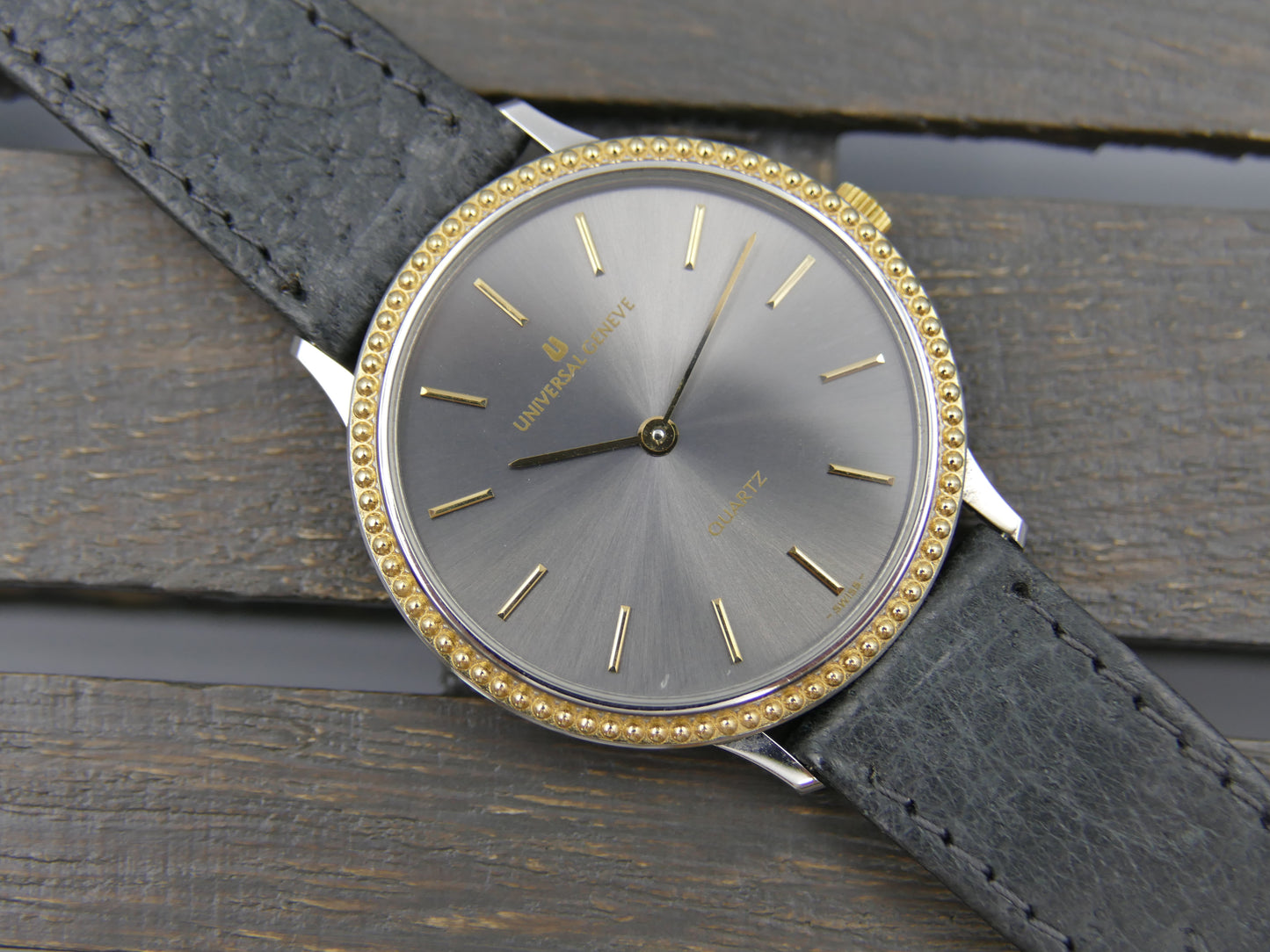 80s vintage watch mens Universal Geneve “Beaded Bezel” Anthracite Dial Ref. 6-566 NOS