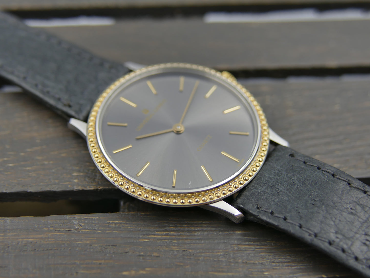 80s vintage watch mens Universal Geneve “Beaded Bezel” Anthracite Dial Ref. 6-566 NOS