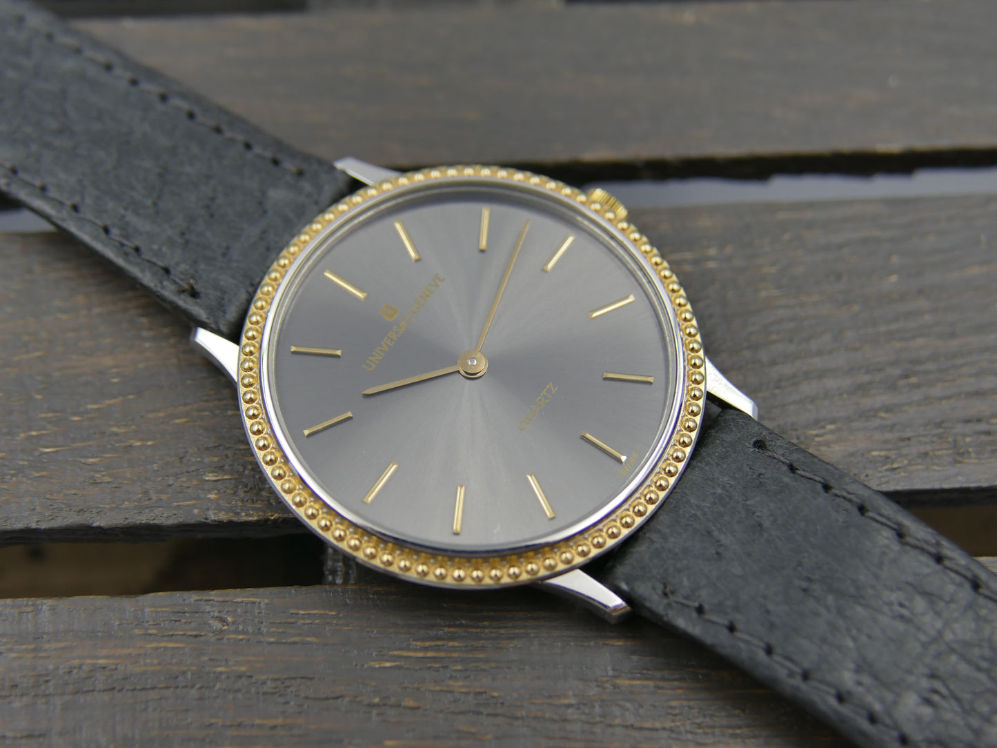 80s vintage watch mens Universal Geneve “Beaded Bezel” Anthracite Dial Ref. 6-566 NOS