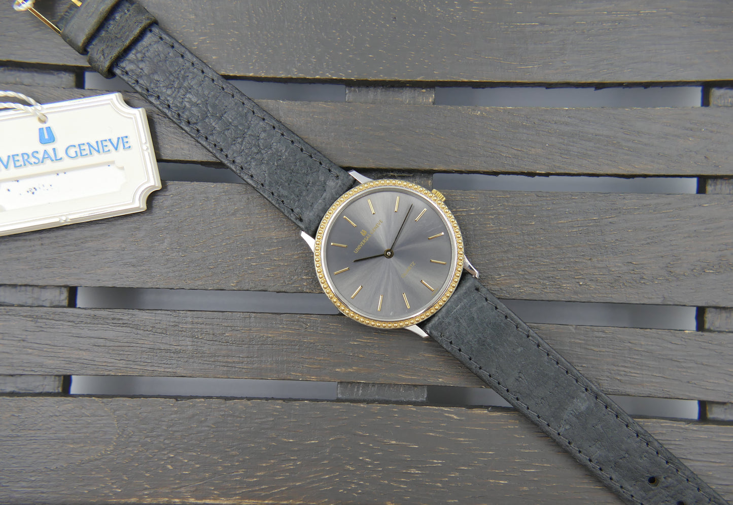 80s vintage watch mens Universal Geneve “Beaded Bezel” Anthracite Dial Ref. 6-566 NOS
