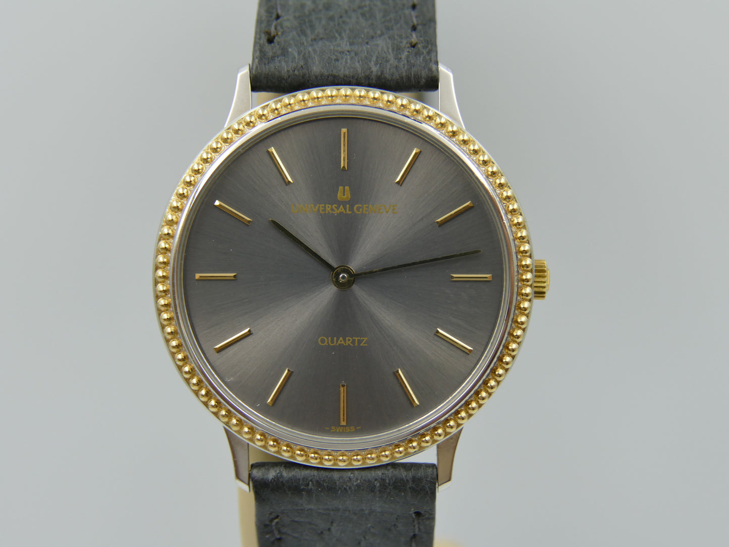 80s vintage watch mens Universal Geneve “Beaded Bezel” Anthracite Dial Ref. 6-566 NOS