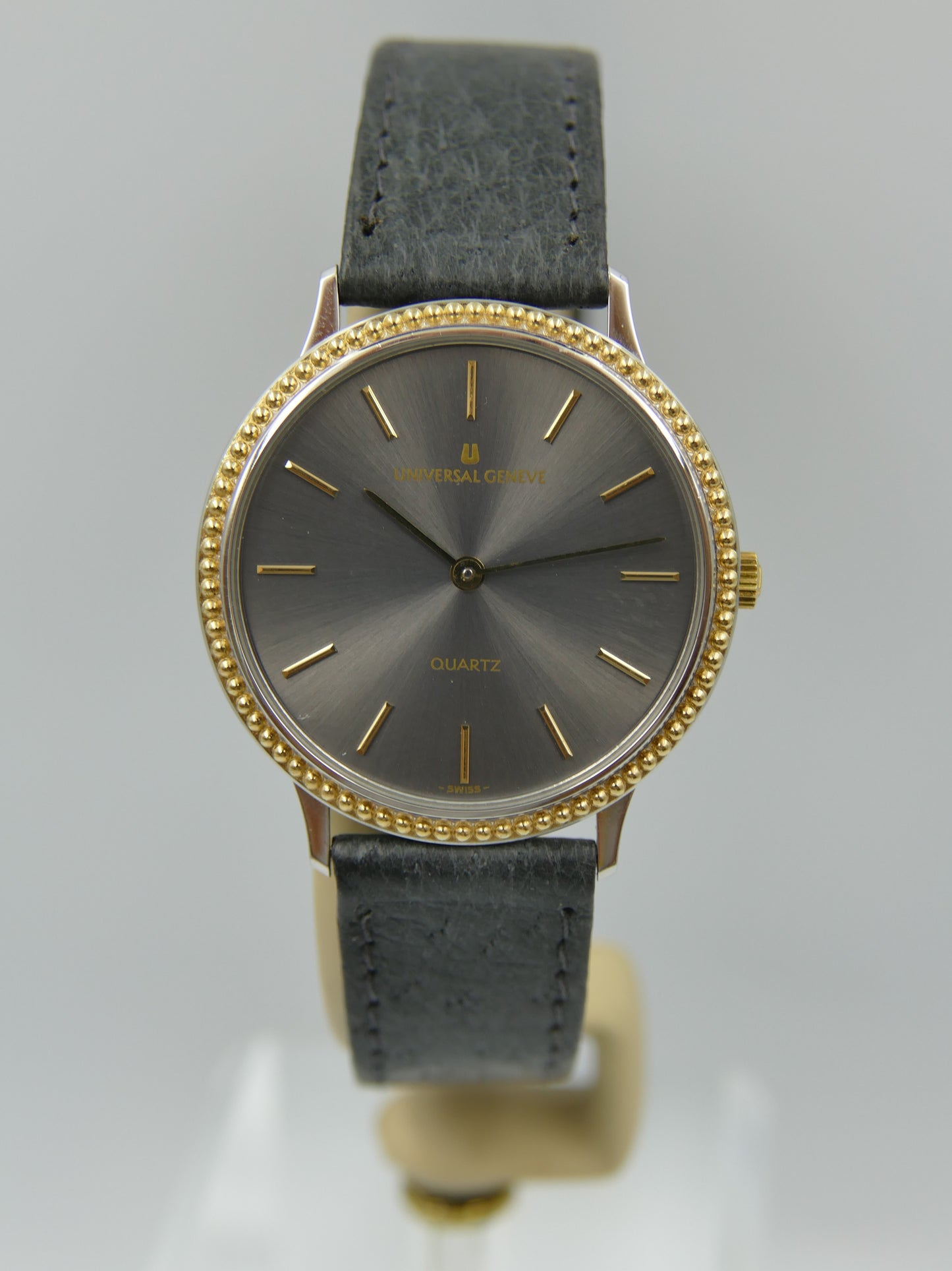 80s vintage watch mens Universal Geneve “Beaded Bezel” Anthracite Dial Ref. 6-566 NOS