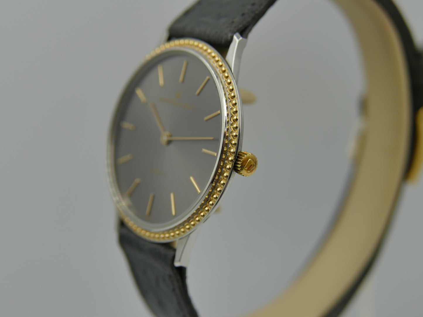 80s vintage watch mens Universal Geneve “Beaded Bezel” Anthracite Dial Ref. 6-566 NOS