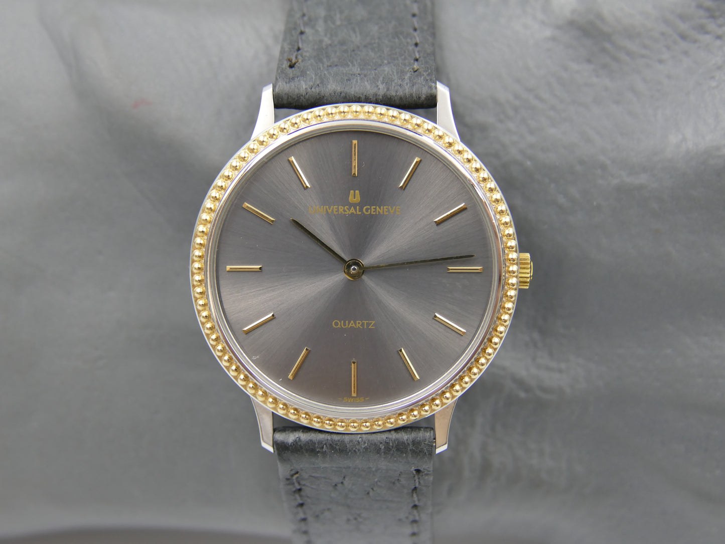 80s vintage watch mens Universal Geneve “Beaded Bezel” Anthracite Dial Ref. 6-566 NOS