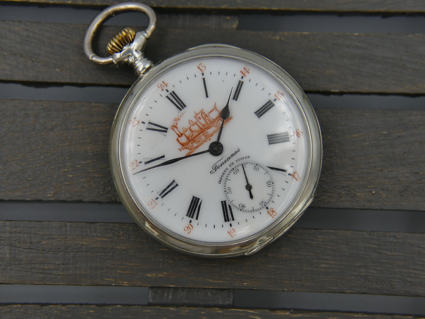 10s vintage gousset pocket watch Fenianos Silver 0.800 Swiss Made Railway Edition