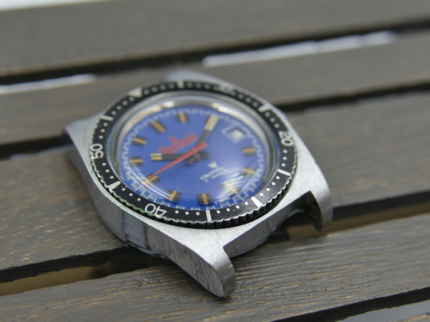 70s vintage watch mens diver Cronel Marlboro manual wind EB 8800 blue dial