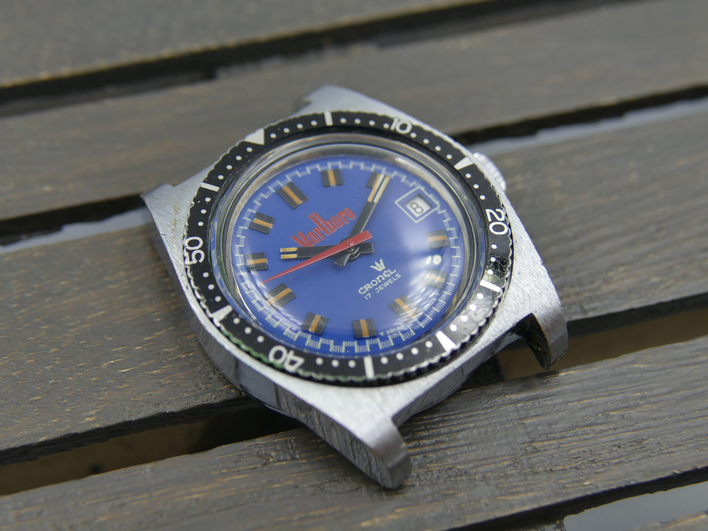 70s vintage watch mens diver Cronel Marlboro manual wind EB 8800 blue dial