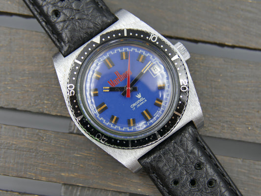 70s vintage watch mens diver Cronel Marlboro manual wind EB 8800 blue dial