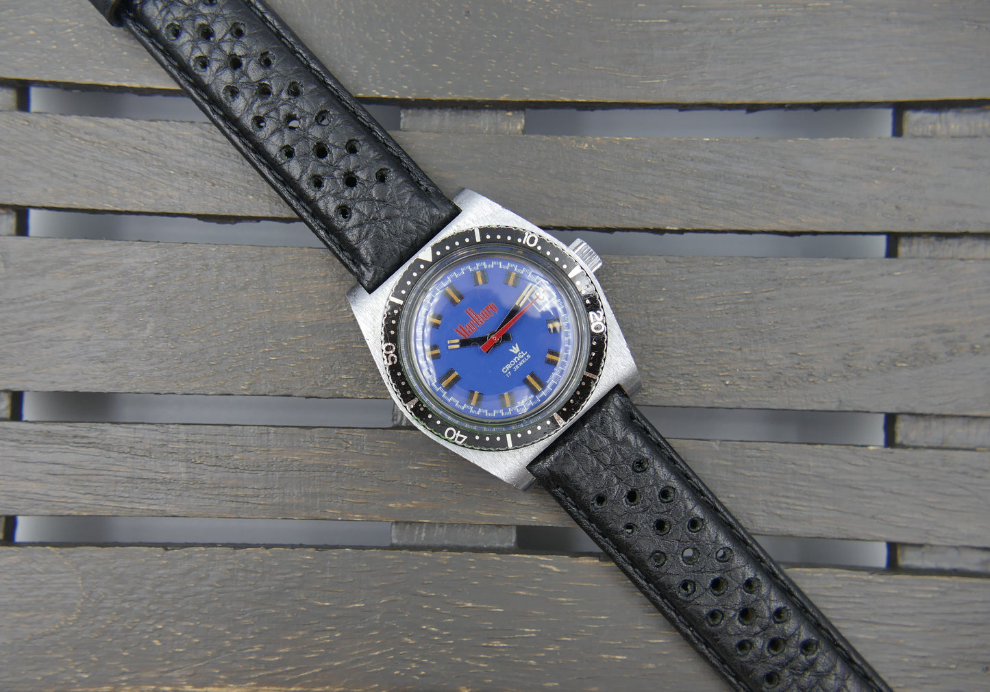 70s vintage watch mens diver Cronel Marlboro manual wind EB 8800 blue dial