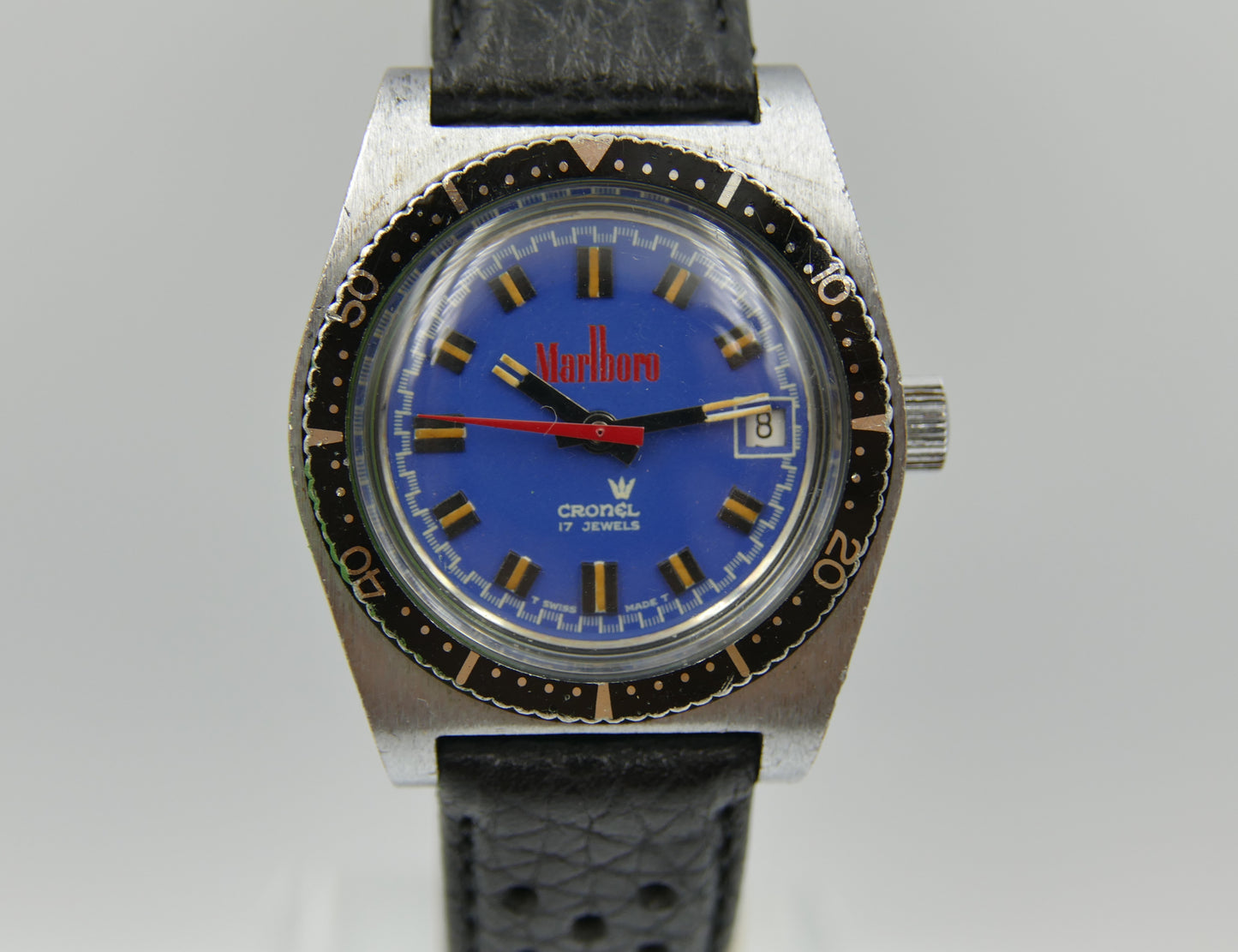 70s vintage watch mens diver Cronel Marlboro manual wind EB 8800 blue dial