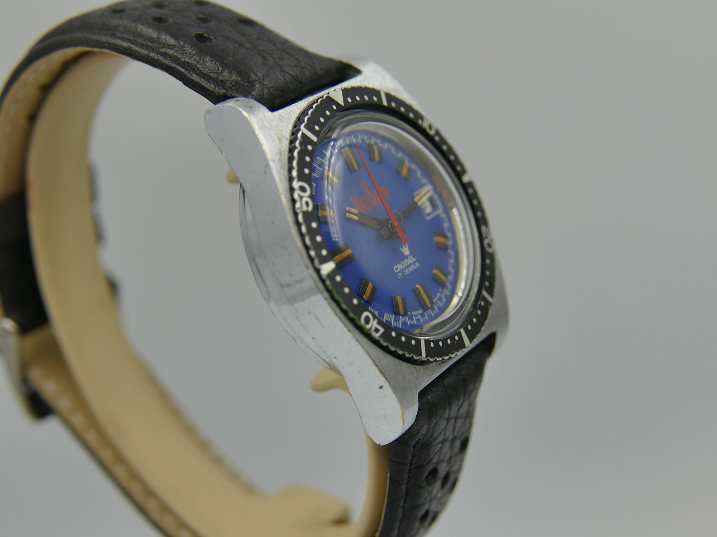 70s vintage watch mens diver Cronel Marlboro manual wind EB 8800 blue dial