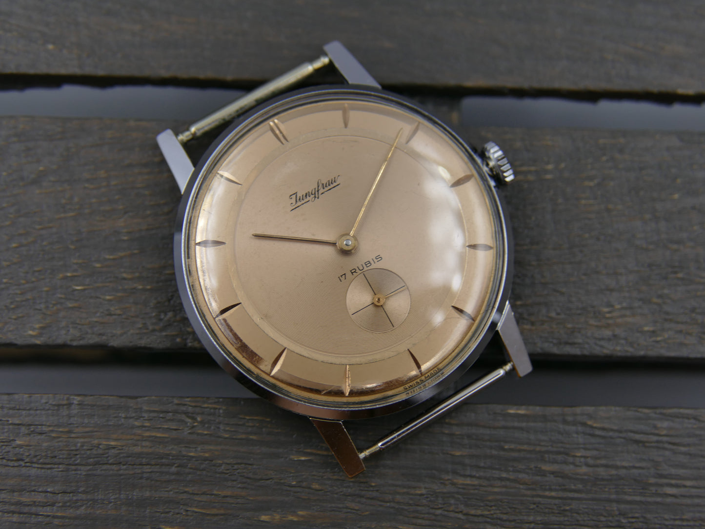 60s vintage watch mens dress thin Jungfrau hand wind FE 71 salmon dial