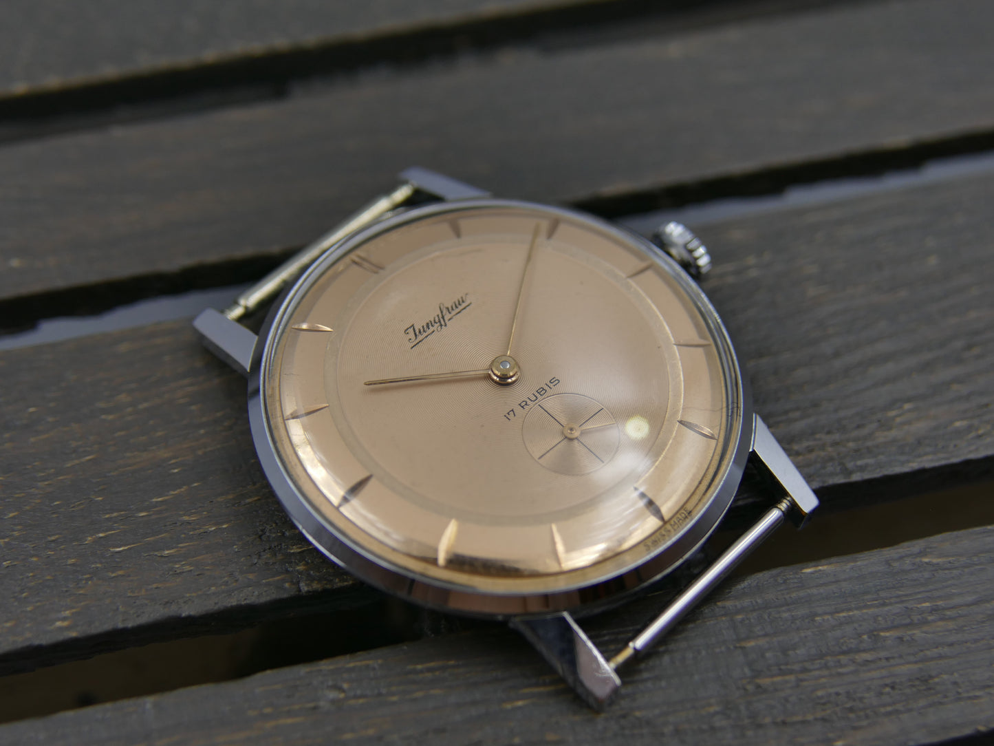 60s vintage watch mens dress thin Jungfrau hand wind FE 71 salmon dial