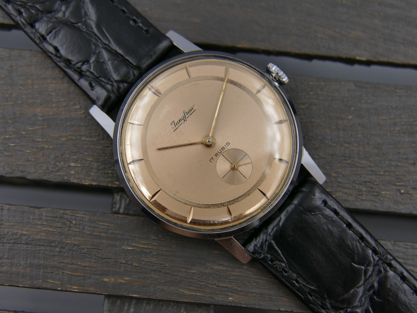 60s vintage watch mens dress thin Jungfrau hand wind FE 71 salmon dial
