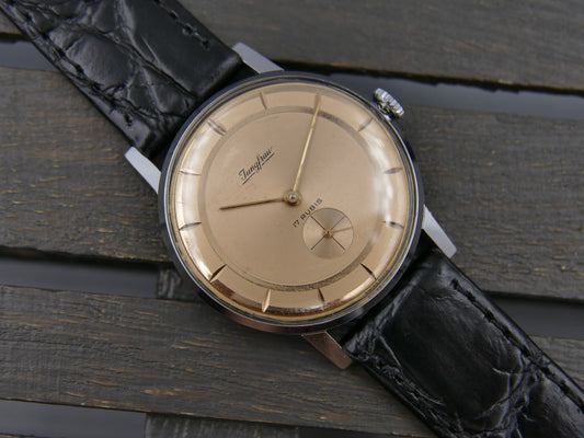 60s vintage watch mens dress thin Jungfrau hand wind FE 71 salmon dial