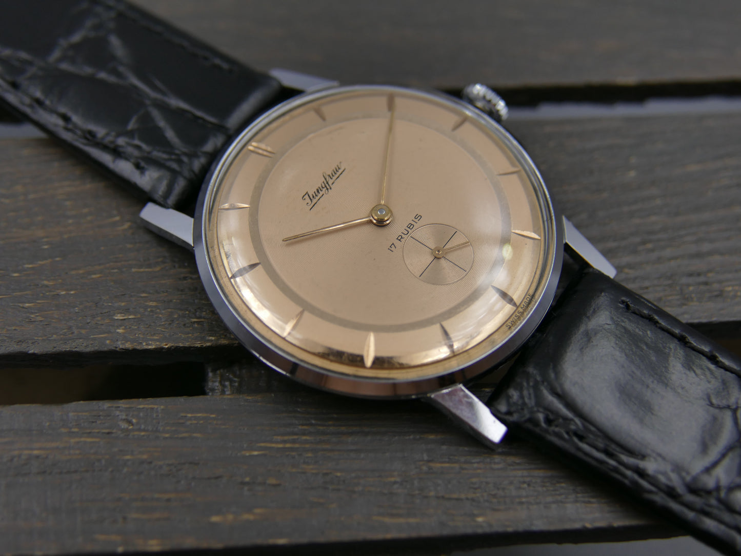 60s vintage watch mens dress thin Jungfrau hand wind FE 71 salmon dial