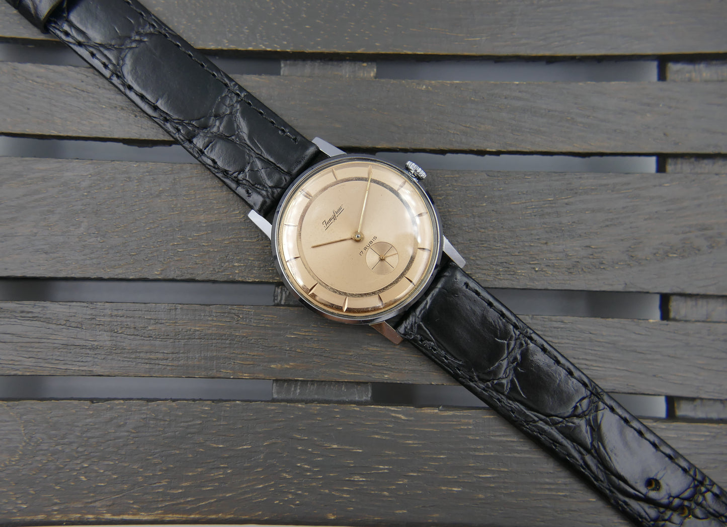 60s vintage watch mens dress thin Jungfrau hand wind FE 71 salmon dial