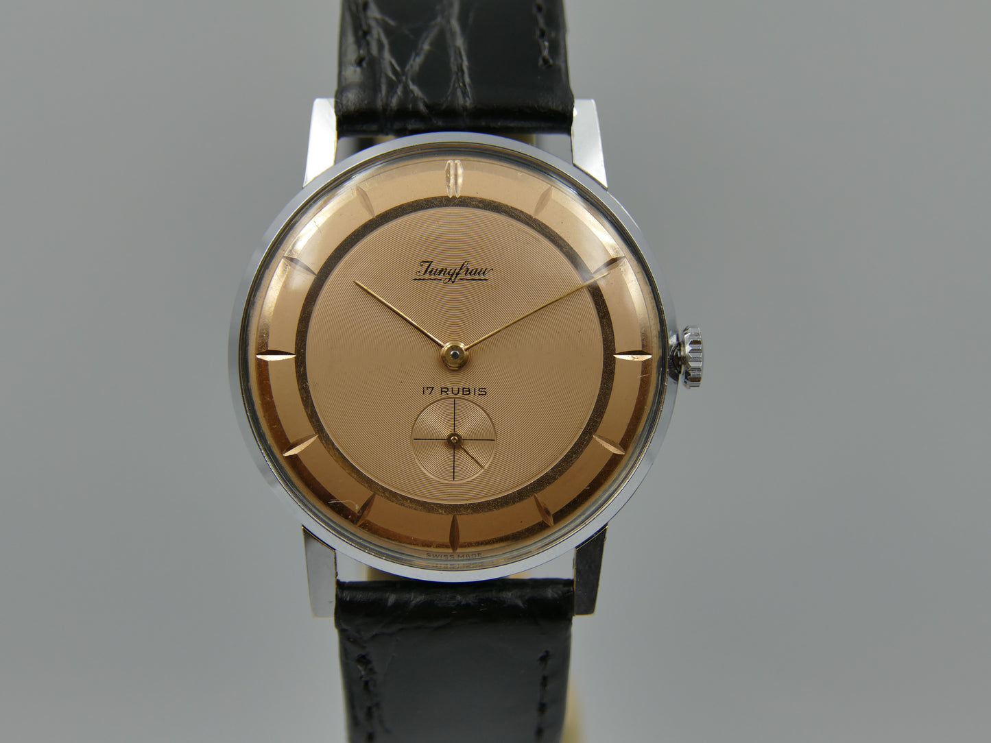 60s vintage watch mens dress thin Jungfrau hand wind FE 71 salmon dial