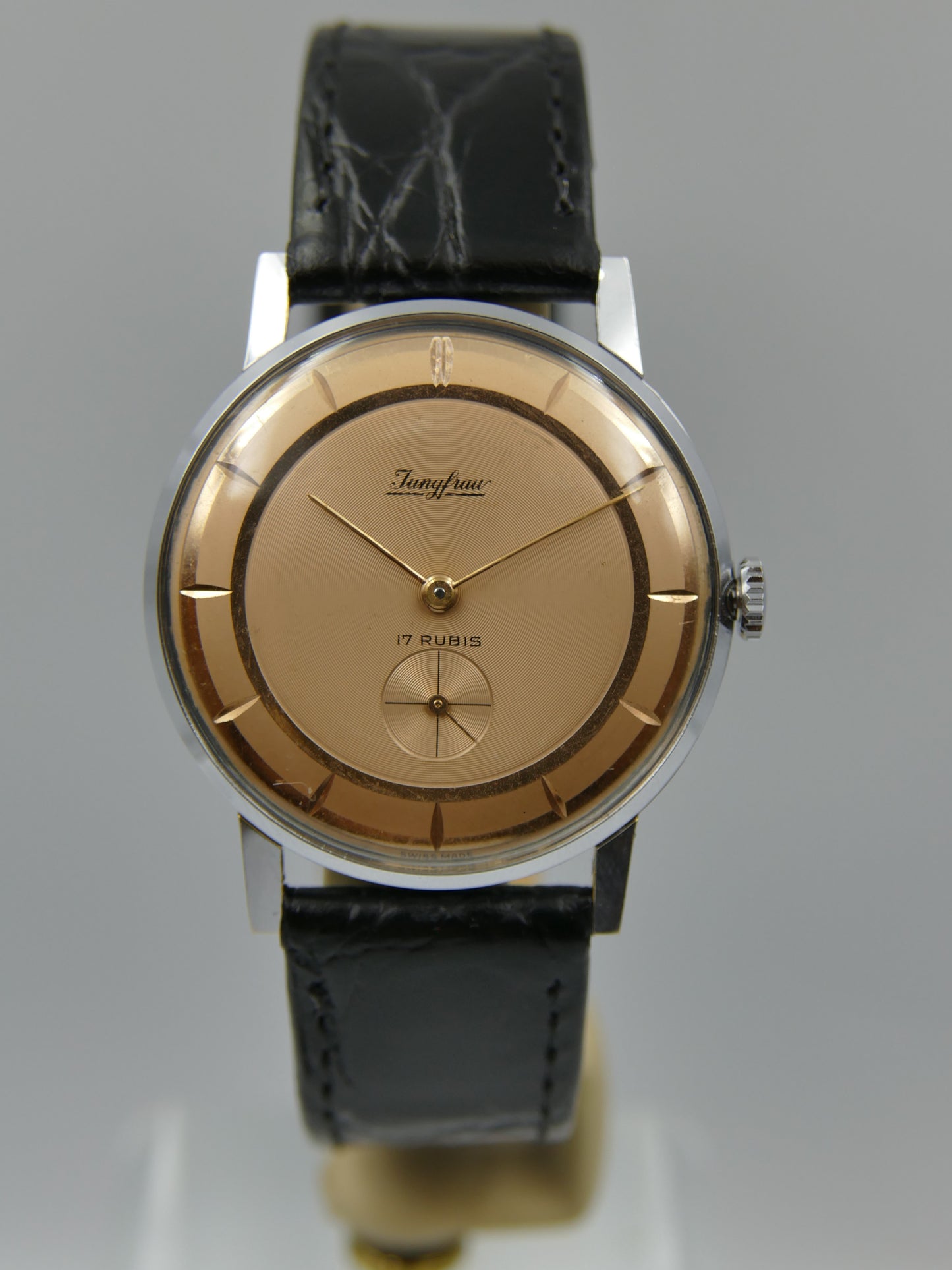 60s vintage watch mens dress thin Jungfrau hand wind FE 71 salmon dial