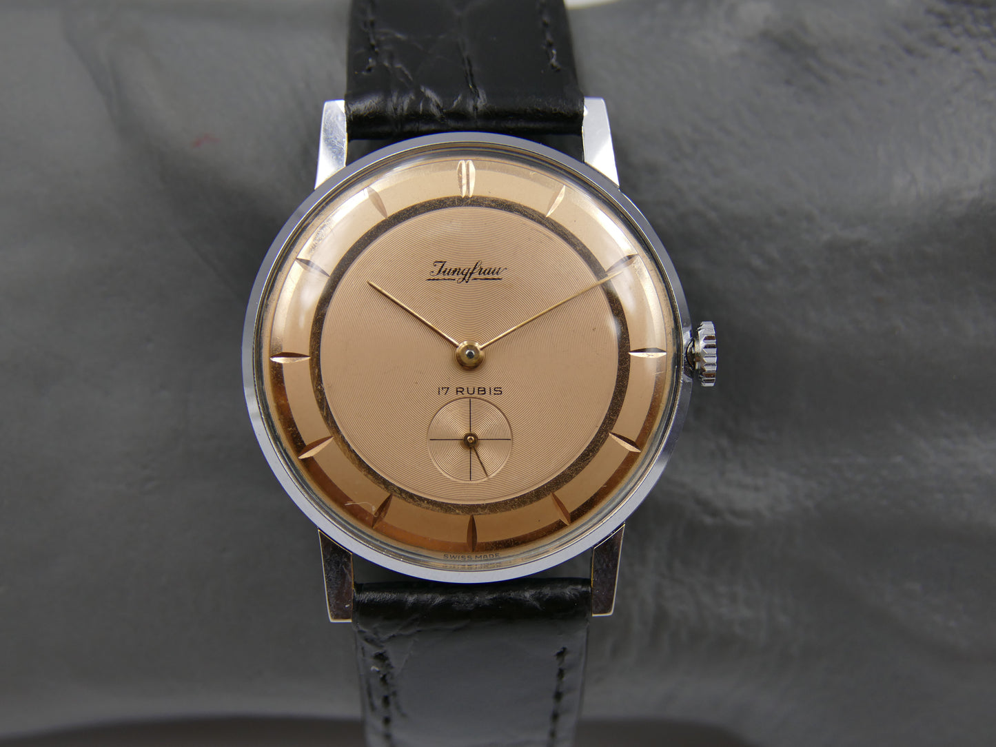 60s vintage watch mens dress thin Jungfrau hand wind FE 71 salmon dial