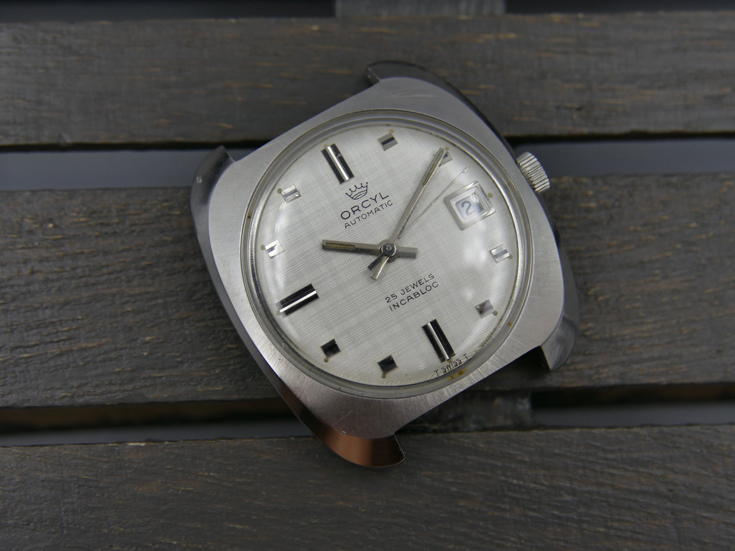 70s vintage watch mens Orcyl 25j automatic ETA 2452 linen silver dial rare