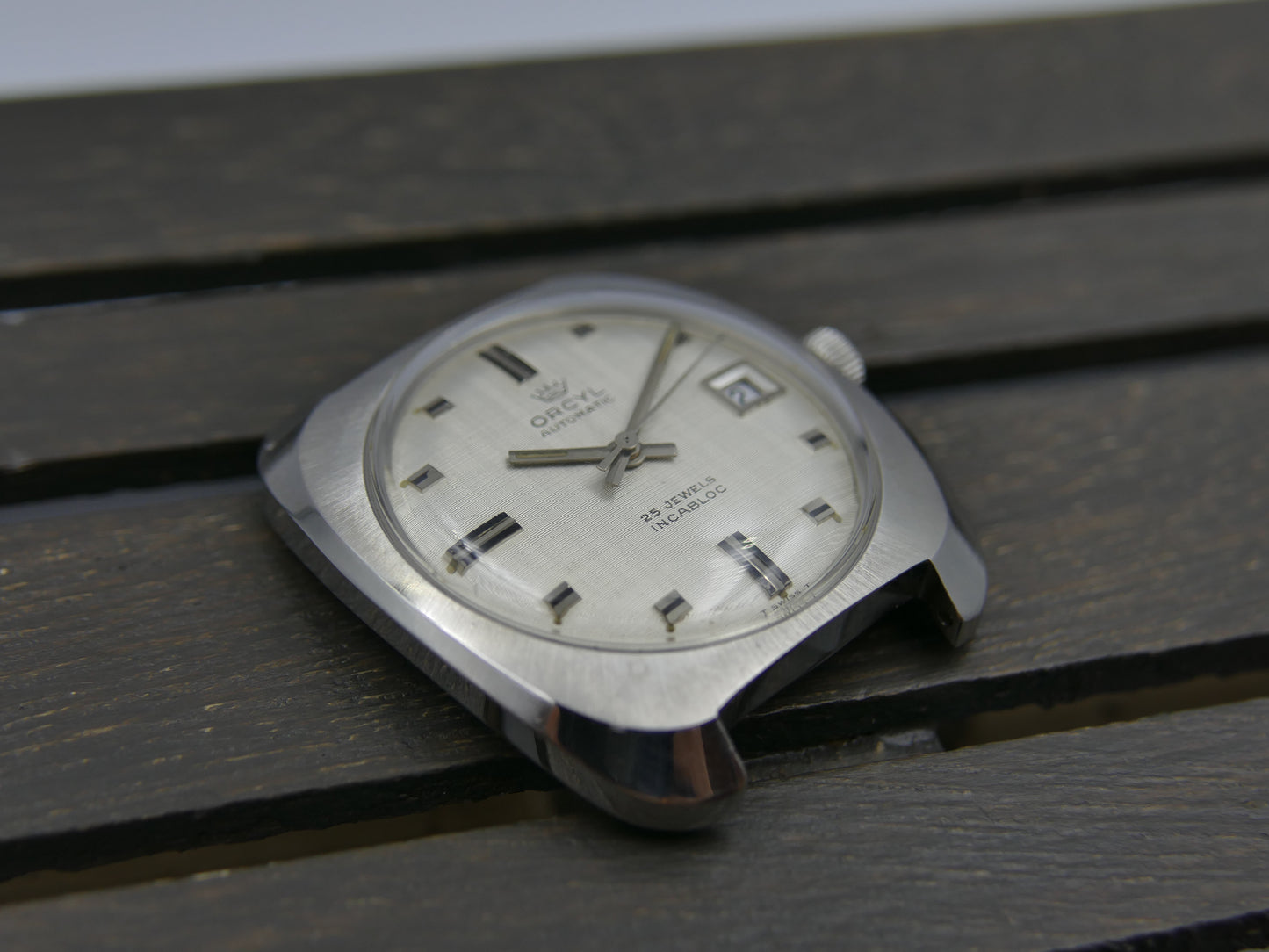 70s vintage watch mens Orcyl 25j automatic ETA 2452 linen silver dial rare