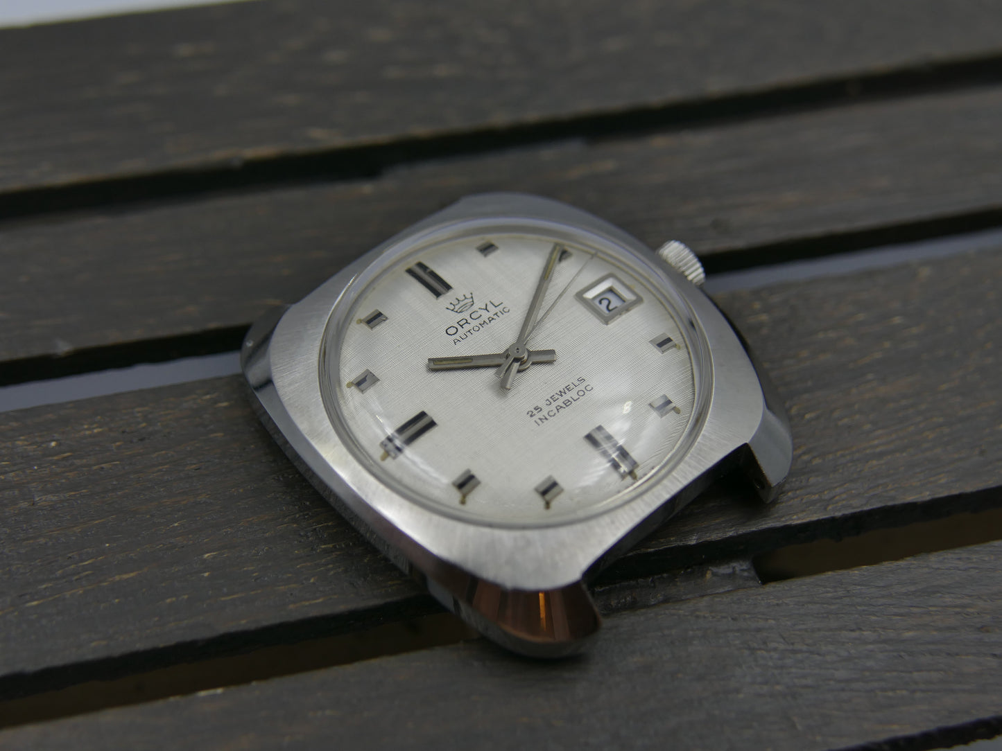 70s vintage watch mens Orcyl 25j automatic ETA 2452 linen silver dial rare